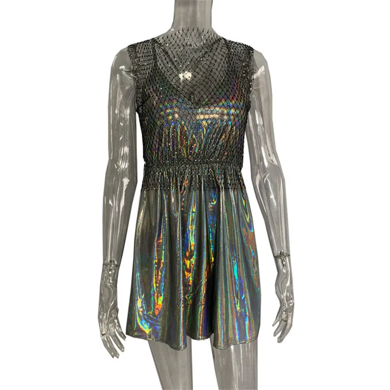 

Сетчатое пикантное женское платье стразы без рукавов голографическое плиссированное платье с открытой спиной для клувечерние уличные жен...