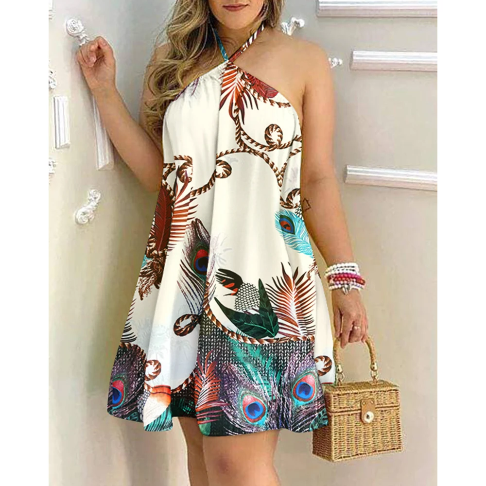 

Summer Round Neck Tropical Print Halter Backless Sleeveless Women Print Mini Dress Sexy Beach Dresses Sling Hanging Neck Dress