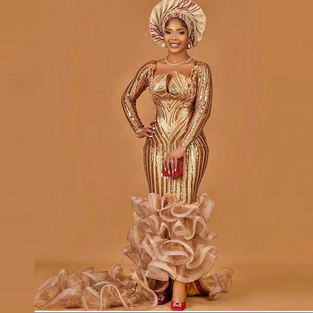 

Pretty Chamapgne Mermaid Prom Gowns Full Sleeves Ruffles Organza Bottom African Evening Dress Nigeria Outfit