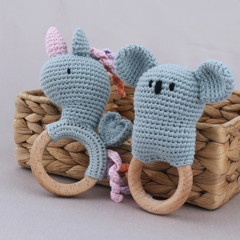 

Baby Teether Handmade Crochet Animal Rattles Beech Wooden Bracelet Teething Ring For Newborn Bpa Free Bath Gifts Toy