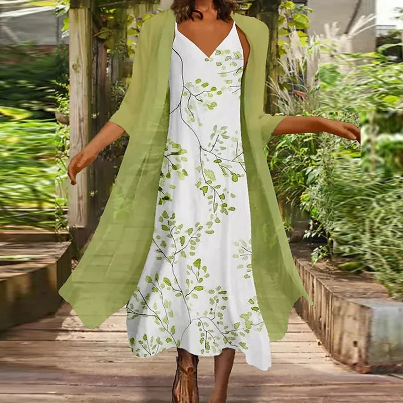 Vintage Print Dress Set Women Outfits 