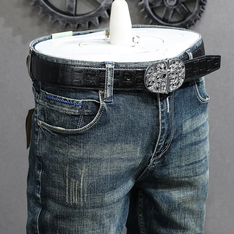 Fashion Designer Men Jeans High Quality Retro Blue Elastic Slim Fit Ripped Jeans Men Vintage Trousers Casual Denim Pants Hombre