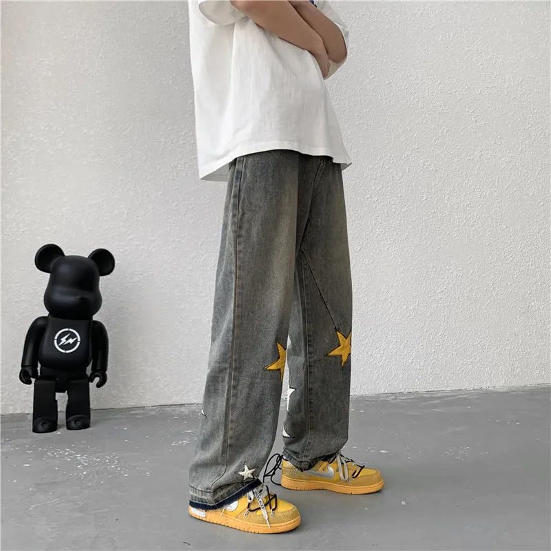 High Street Jeans Men Fashion Hip Hop Streetwear Straight Pants Vintage Star Embroidery Denim Trousers Male Bottoms Y2K Clothes