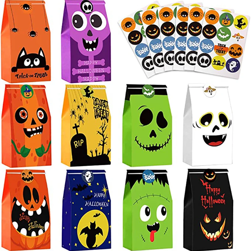 

12 шт. Подарочная сумка на Хэллоуин, сумка для тыквы, сумка для хэллоуина, кошки, паука, монстра, закуски, бумажный пакет, принадлежности для де...