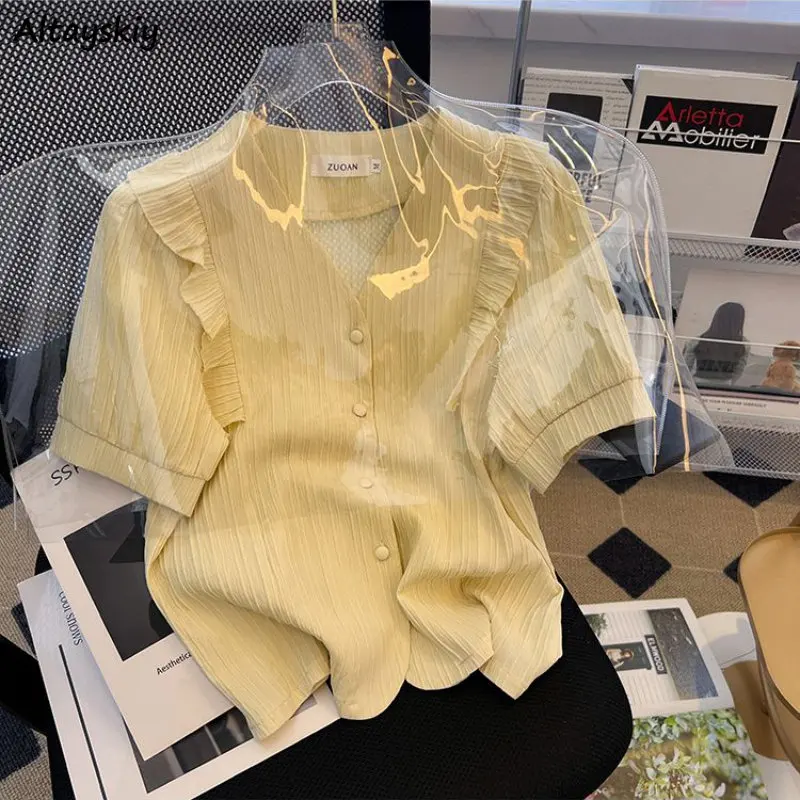 

Shirts Women Fairycore Sweet Ruffles Graceful Summer V-neck Korean Style Gentle Casual Vintage Temper All-match Solid Popular