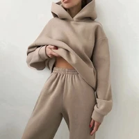 women fleece two piece sets elegant solid color oversized warm hoodies and long pant sports suit autumn winter tracksuit 2022