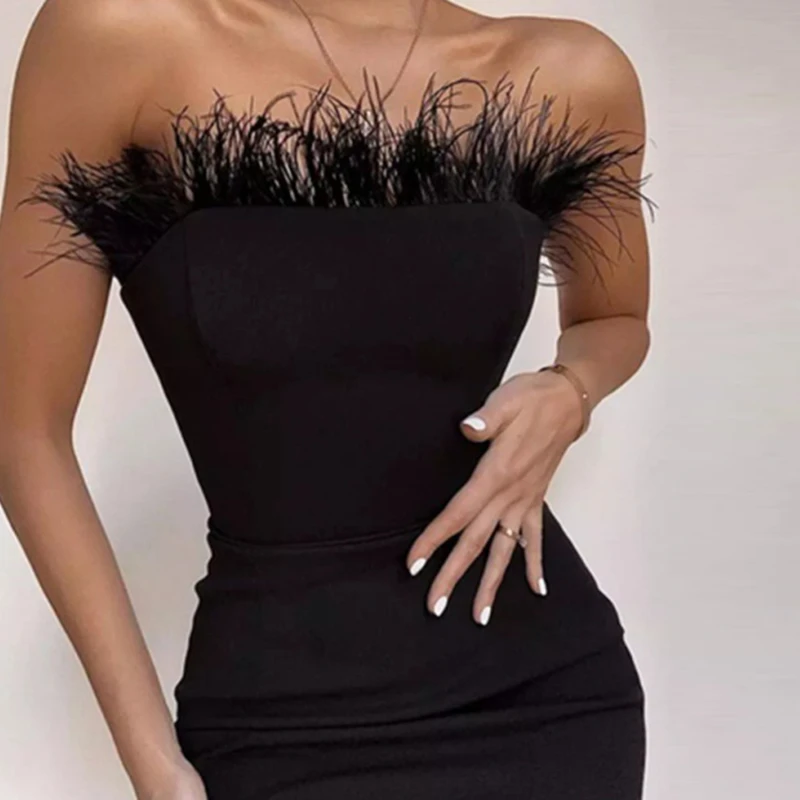 New Summer Sexy Strapless Backless Feather Black Midi Women Bodycon Bandage Dress 2023 Designer Fashion Party Club Dress Vestido