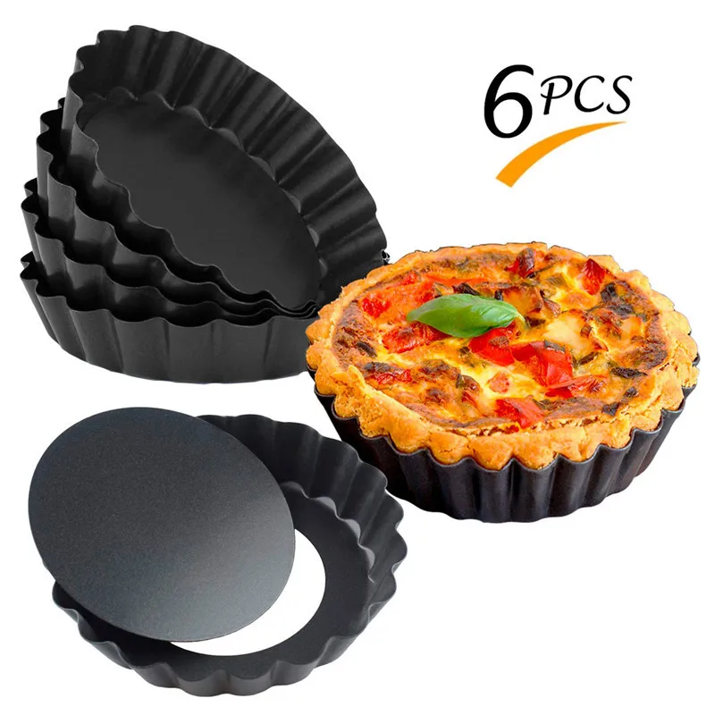 

Set of 6 Non-Stick Egg Tart Cupcake Pizza Fruit Pie Flat Pan Molds 4 Inch Carbon Steel Cake Baking Form with Removable Bottom