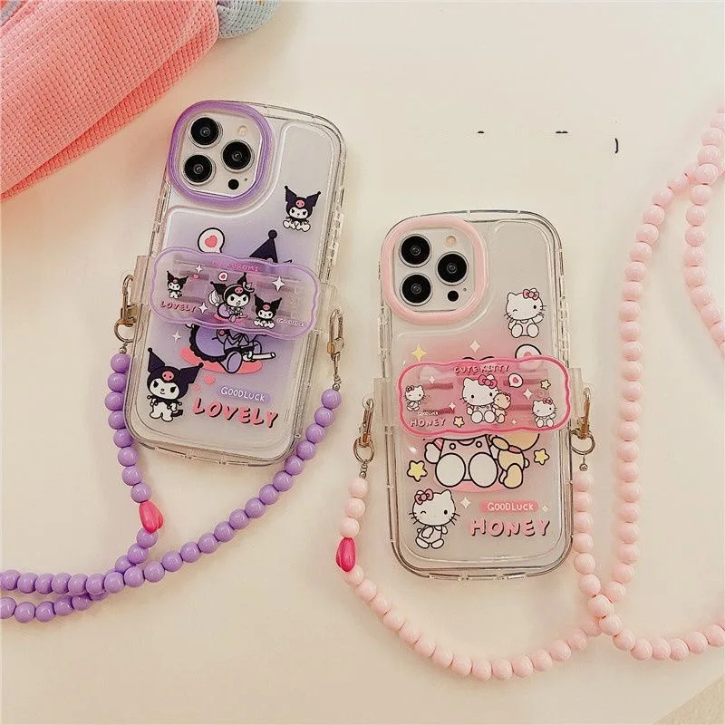 creative hello kitty kuromi with long hand beads snap Phone Cases For iPhone 13 12 11 Pro Max Back Cover