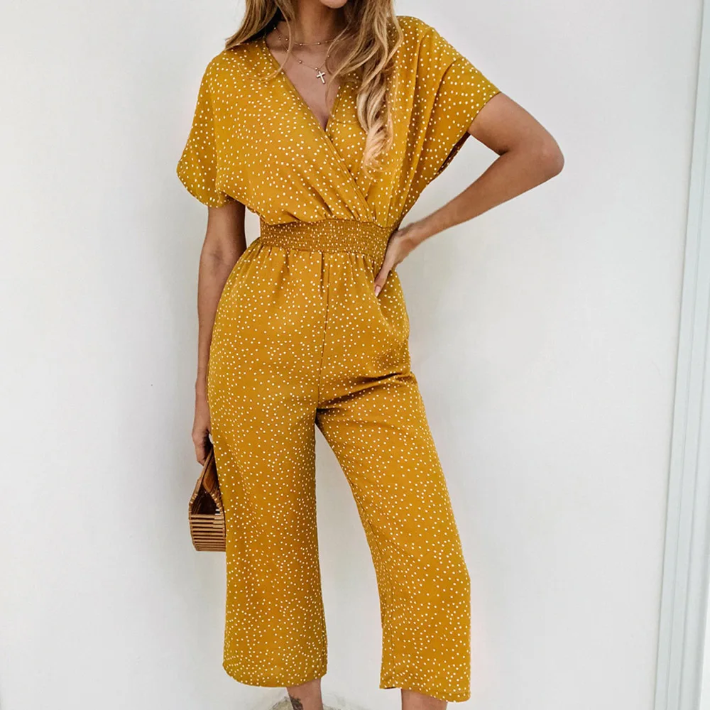 

Lossky Fashion Women Jumpsuits Rompers Summer Casual Print V-neck Pocket Commuting Short Sleeve Wide Leg Loose Thin Cute Party