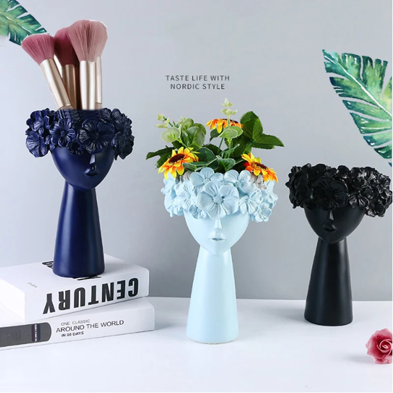 

Nordic Home Decoration Resin Vase Statue Sculpture Makeup Brush Holder Storage Box Pen Holder Creative Flower Pot Art Supplies