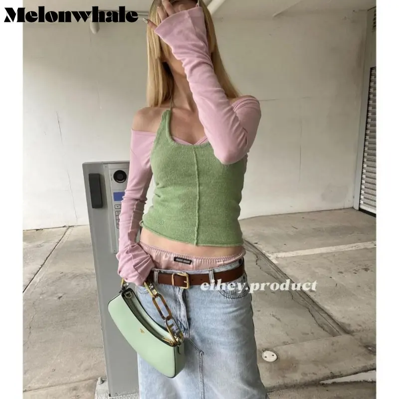

MelonWhale Women Green Backless Knitting Sweet Irregular Tank Tops Korean Style New O-collar Sleeveless Spring Summer 2023 M435