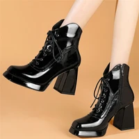 2022 winter warm platform pumps shoe women lace up genuine leather high heel ankle boots female high top square toe casual shoes