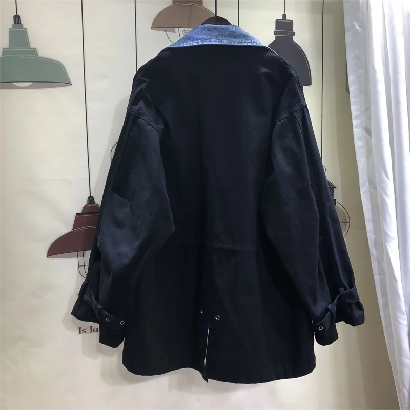 2021 Fleece Folded Jacket Women Autumn Fashion Casual Stand Collar Long Sleeve Denim Stitching Straight Jacket