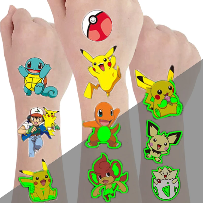 

Pokemon Luminous Tattoos for Kids Pikachu Styles Temporary Tattoos Stickers Boys Girls Glow Party Supplies Gifts for Children