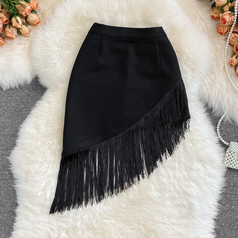 

WomernHigh Waist Fringed Short Skirt Women's Summer 2021 New Style Black Irregular Elastic Hip Skirt Anti-glare Skirt KK1744