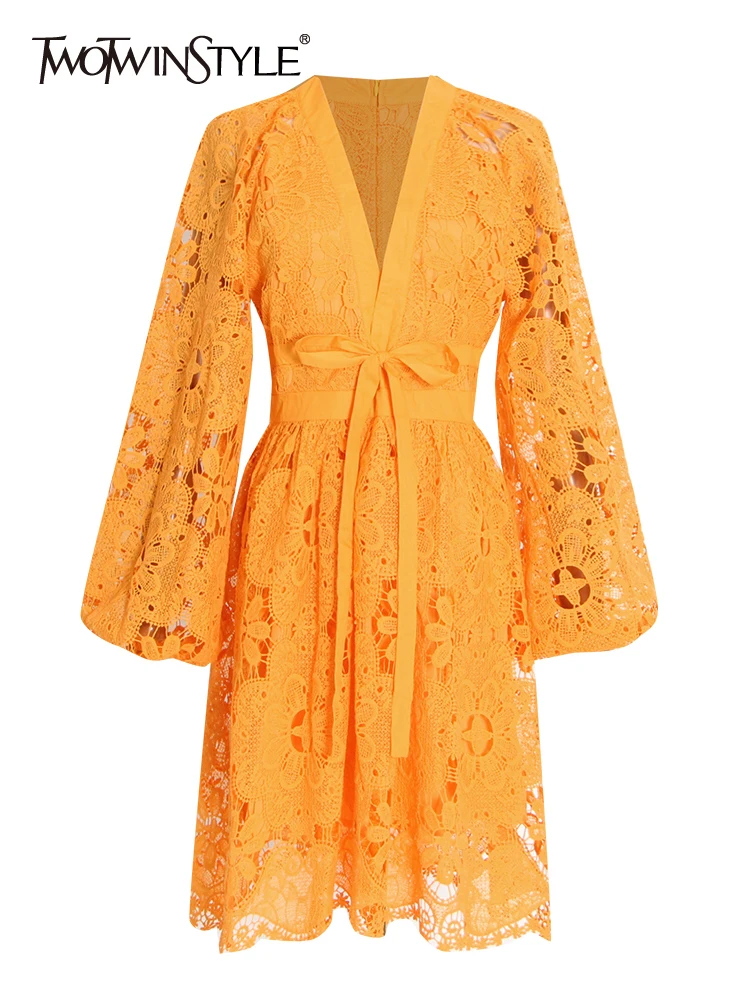 

TWOTWINSTYLE Patchwork Embroidery Dress For Women V Neck Long Sleeve High Waist Solid Summer Dresses Female 2022 Clothing Style