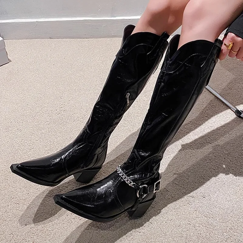 

Knee High Boots Women Autumn Winter Thick Heeled Shoes Chain Pointed V-neck Western Black Knight High Boots Black Retro Botas