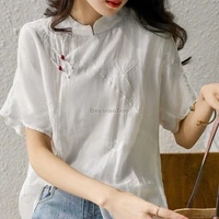 vintage white cheongsam top elegant flower embroidery blouse zen tea gown hanfu casual chiffon shirt oriental tang suit