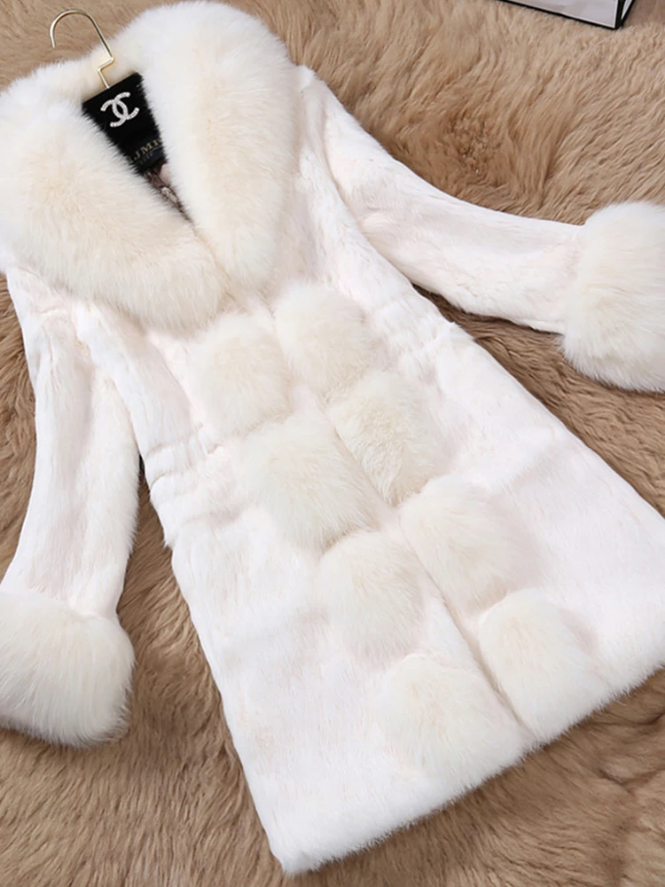 FMFSSOM Winter New Women Faux Fox Fur Coat Fashion Casual Warm Long Sleeve Fur Collar Mid-Calf Fur Outwears
