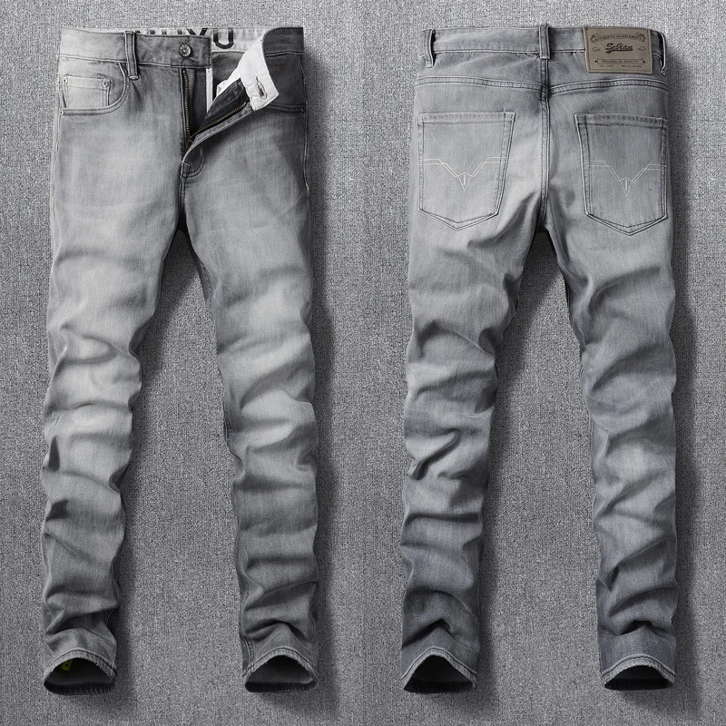 European Vintage Fashion Men Jeans High Quality Retro Gray Elastic Slim Jeans Men Denim Trousers Simple Designer Pants Hombre