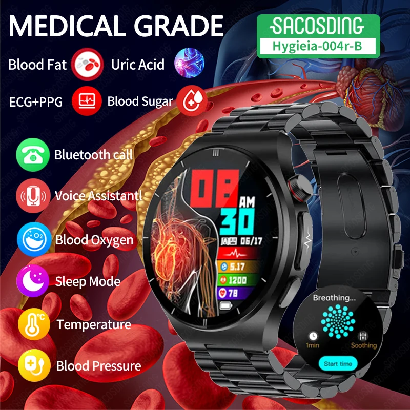 

2023 New Blood Fat Uric Acid Noninvasive Blood Sugar ECG+PPG Smart Watch Men Bluetooth call Blood Oxygen Clock Health Smartwatch