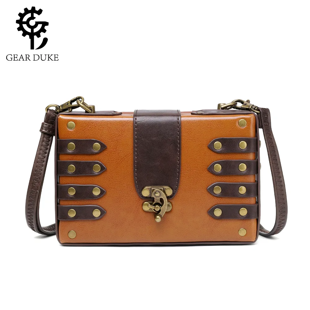 

Gear Duke Motorcycle Riding Equipment Streampunk Rivet Metal Decorative Single Shoulder Bag Golden Messenger Backpack