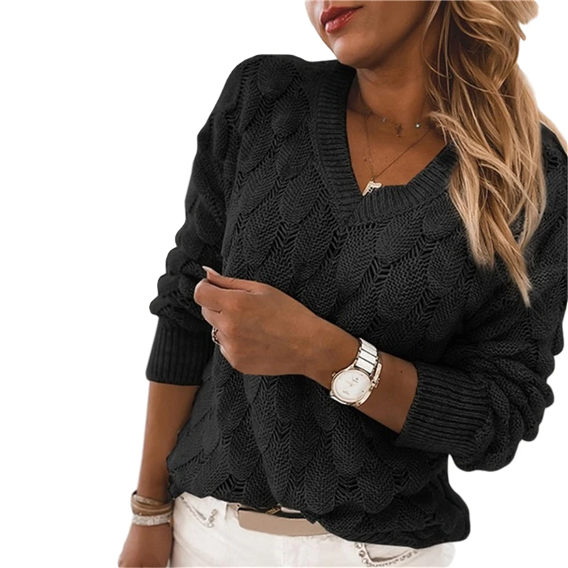 

Women Fashion Sexy Knit Hollow Out Knitted Sweater Feather Pattern V-neck Pullover Autumn Winter Casual Long Sleeve Tops 5 Color