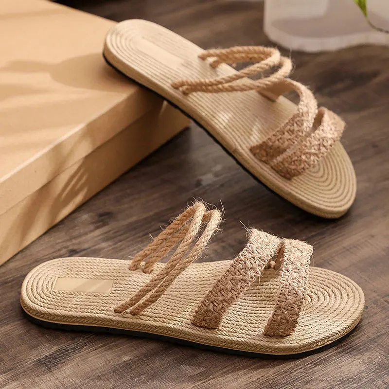 Imitation Straw Woven Women's Sandals with Hemp Soles Wear Belt and Flat Bottomed Beach Fashion |