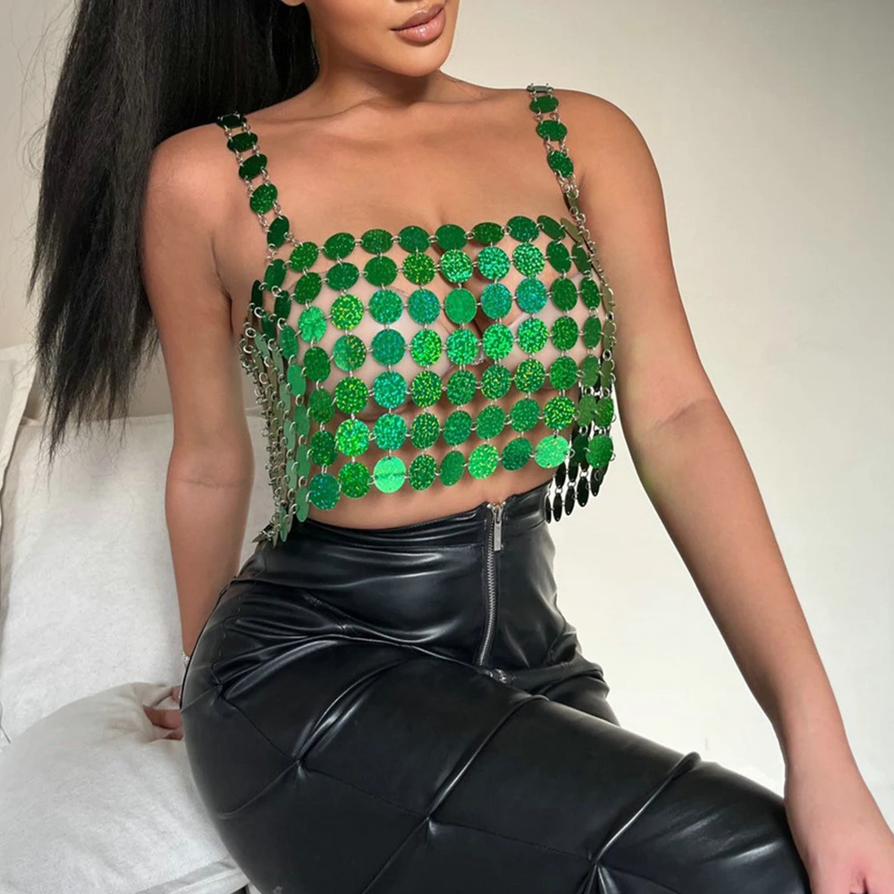 

IngeSight.Z Sexy Hollow Out Green Sequins Backless Bikini Camisole for Women Festival Rave Crop Metal Chest Chain Nightclub