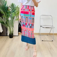 miyake pleated printed skirt 2022 summer new high waisted mid length slit skirt large size letter printed straight womens skirt