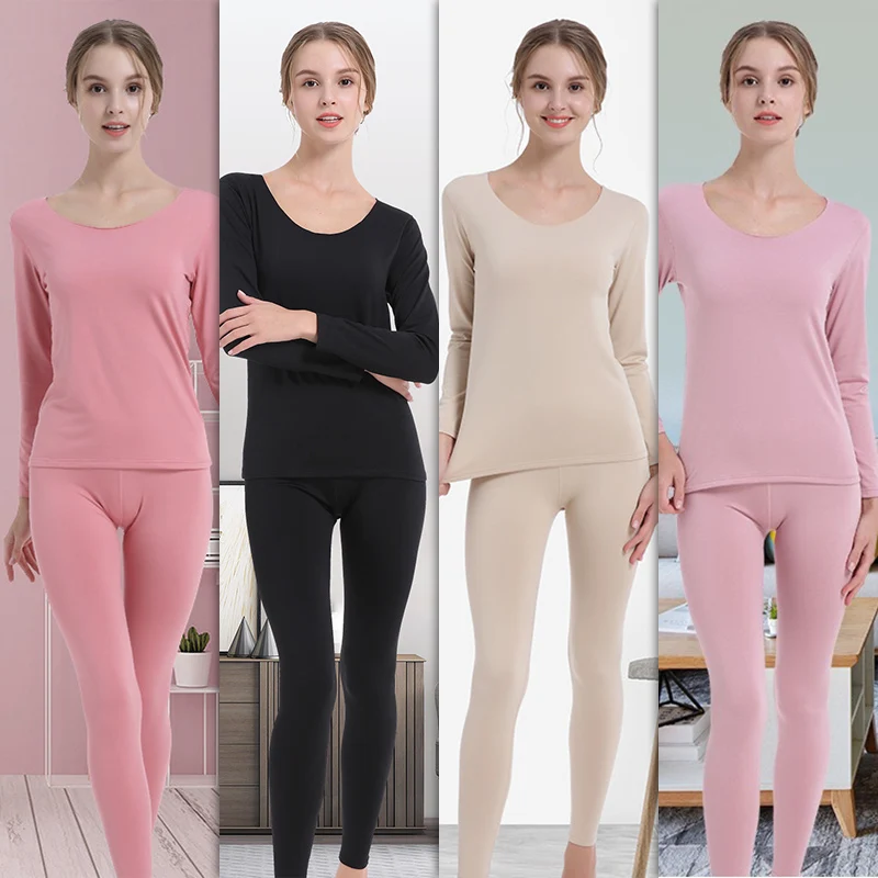 Ladies Homewear Set Body Fit Elastic Solid Color Bottoming Shirt Round Neck  Thin Velvet Thermal Underwear Body Sculpting