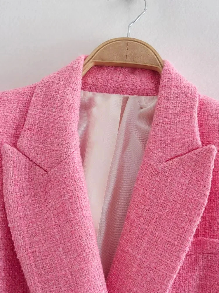 Maxdutti Retro Texture Pink Color Double Breasted Casual Blazers Women England Style Fashion Jacket