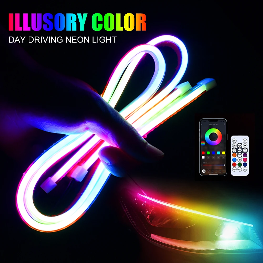 

2 автомобильные светодиодные неоновые лампы DRL RGB дневные ходовые огни APP и дистанционно управляемые задние фонари с цветным потоковым рулевым светом водонепроницаемый
