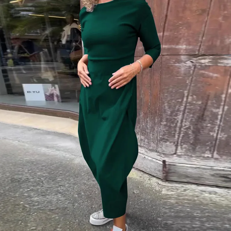 Fashion Solid Color Long Dress For Women 2025 New Spring Elegant O Neck Slim Dresses Autumn Sleeve Robe Femme