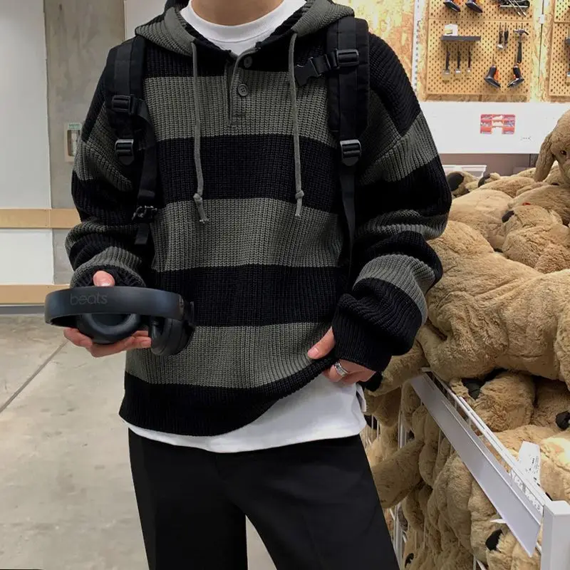 Men's Hoodie Striped Sweater Autumn Korean Version Loose Fashion Slouchy Retro Hooded Pullover Sweater Coat T-shirt Men's Hoodie