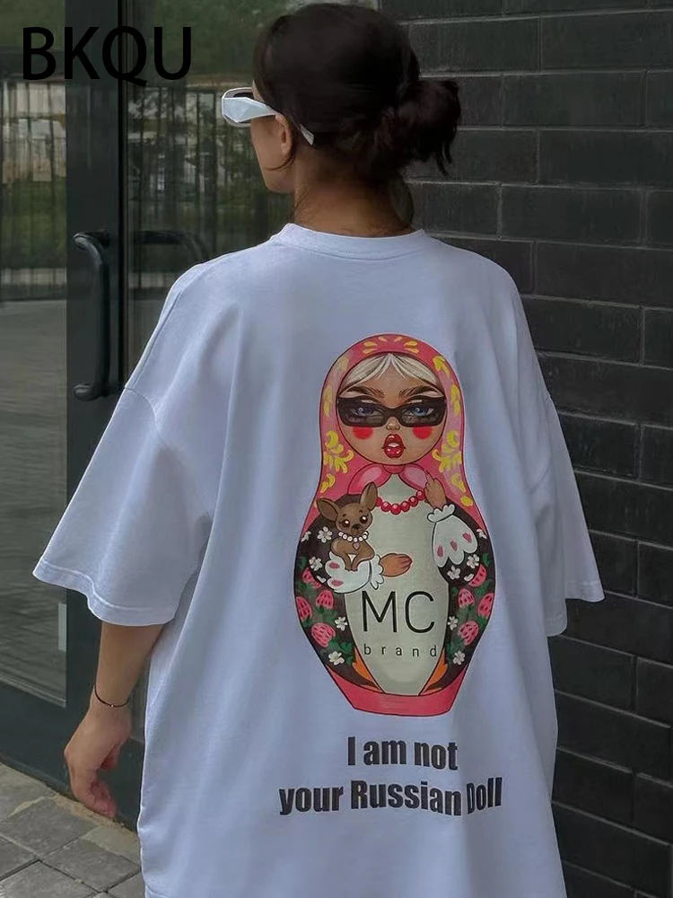 BKQU свободные футболки с буквенным принтом для женщин 2024 женские пуловеры