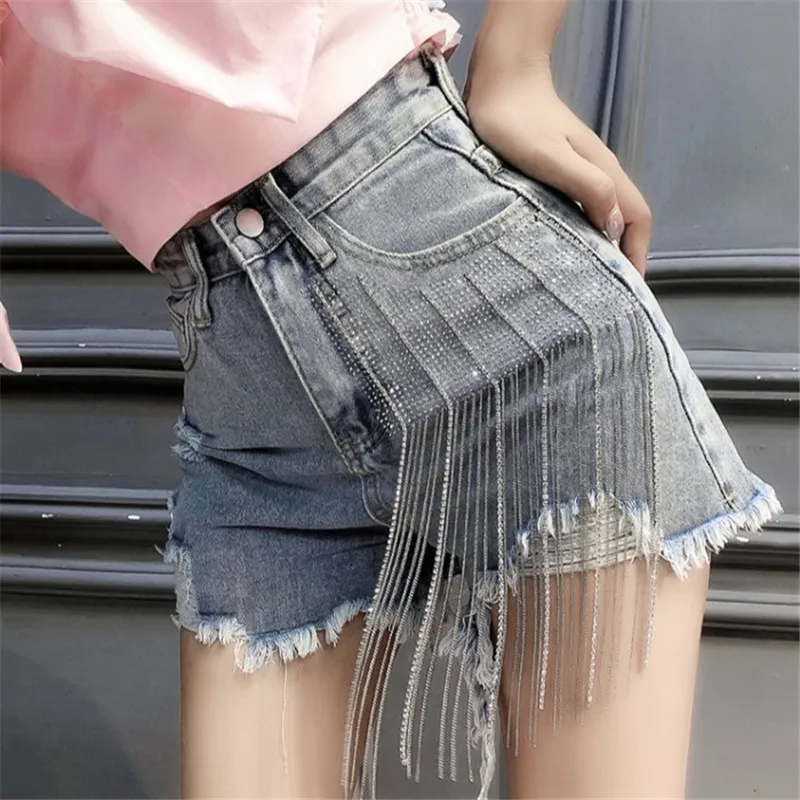 2023 Summer Rhinestone Fringed High Waist Denim Shorts New Women Ladies Fashion Casual Loose Wide Leg Short Jeans Ripped Shorts