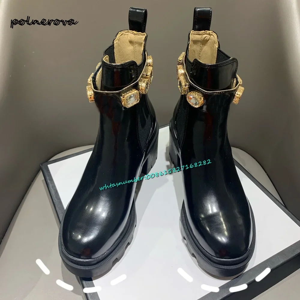 

Luxury Diamonds Trim Ankle Boots Solid Round Toe Chunky Heel Boots Banquet Runway Shoes for Women 2023 Autumn Newest Fashion