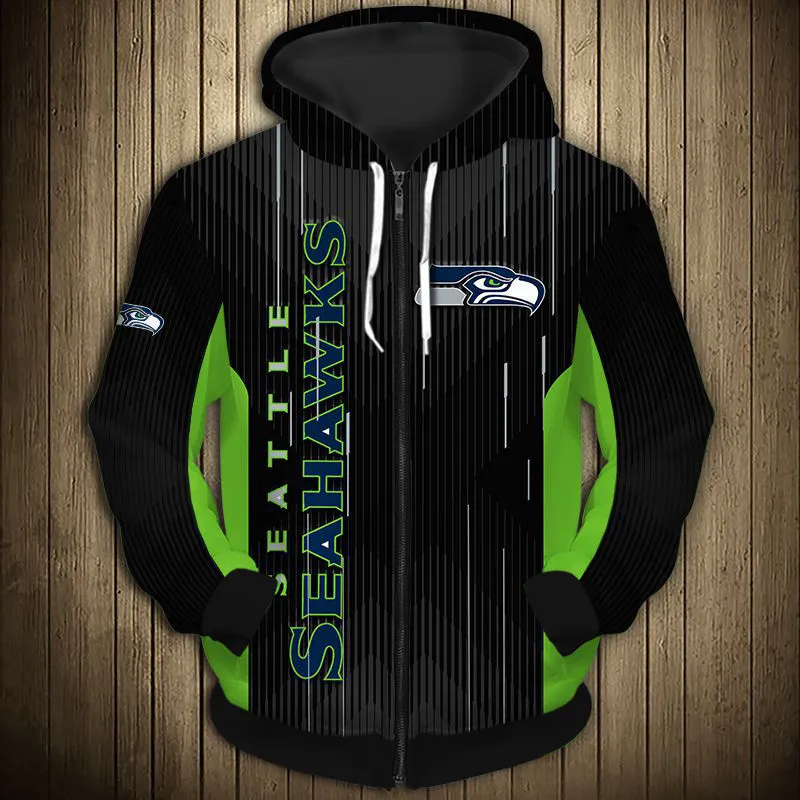 

Fashion sportswear Seattle men's Black and green stitching cartoon seabird stripe print Seahawks zipper hoodie