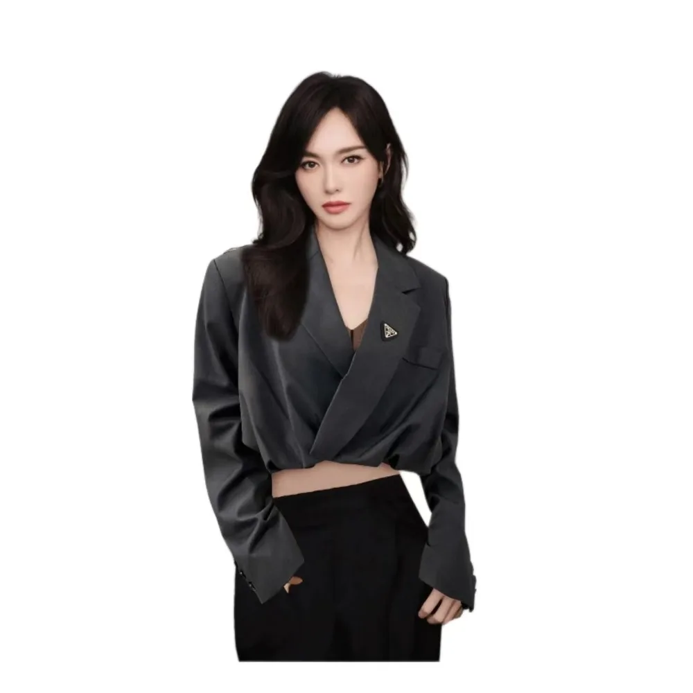 

2023 Early Fall Suit Ruffle Hem Short Jacket Women's Design Personalized Fashion Streetwear Top Slim Solid Women Clothing A01365