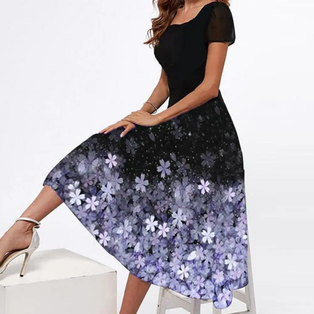 

Women Dress Summer Square Neck Short Sleeve Flower Printing Women A-line Loose Hem Dress robe femme Vestidos платье женское