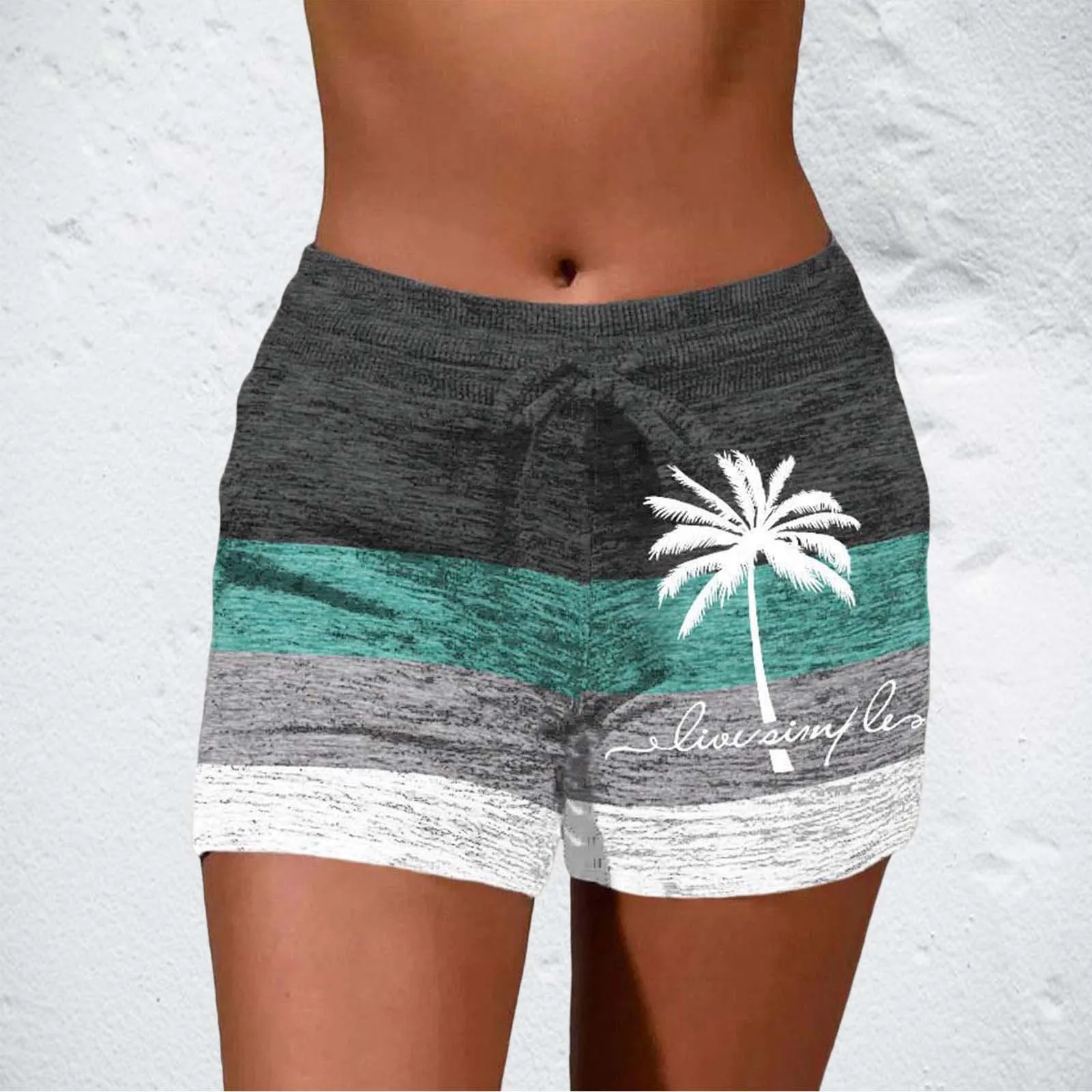 

Summer Women'S Shorts Striped Palm-Tree Printed Elastic Casual Sports Quick Dry Fitness Breathable Female Sweatpants Plus Size