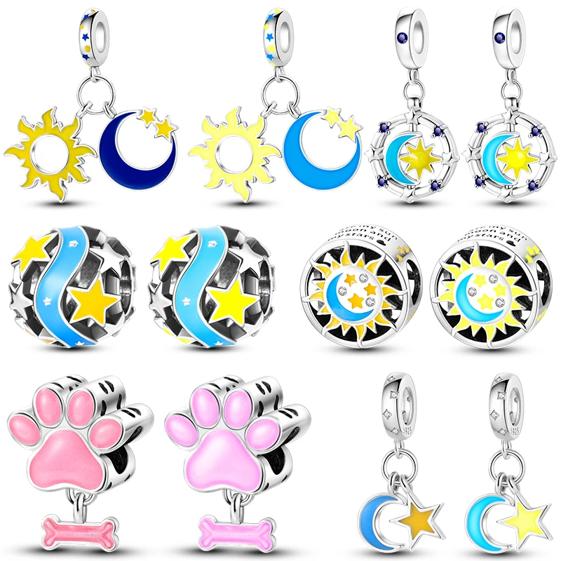 

925 Silver Luminous Charms Fit Original Pandora Bracelet Diy Pink Pet Print Moon Sun Star Fine Pendants