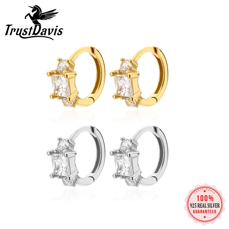 

TrustDavis Настоящее серебро 925 пробы обруч модные готические квадратные сверкающие CZ обруч серьги для дочери девушки подарок ювелирные изделия...
