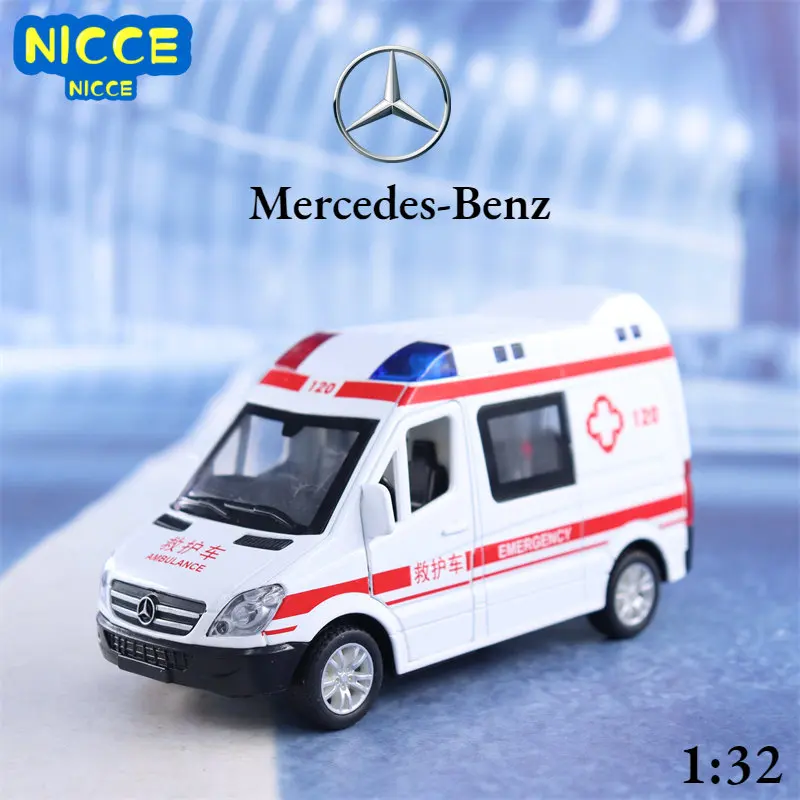 

Автомобиль скорой помощи Nicce 1:32 Mercedes-Benz, полиция, литый под давлением, модель автомобиля из металлического сплава, автомобиль с откидной спинкой, подарок для детей, коллекция E203