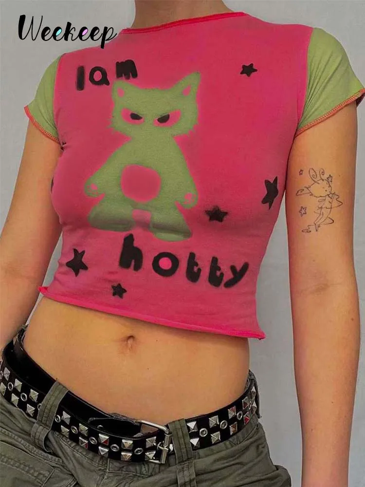 

Женский укороченный топ Weekeep, Летний милый облегающий топ в стиле Харадзюку с короткими рукавами и принтом животных, модель Y2k, 2022
