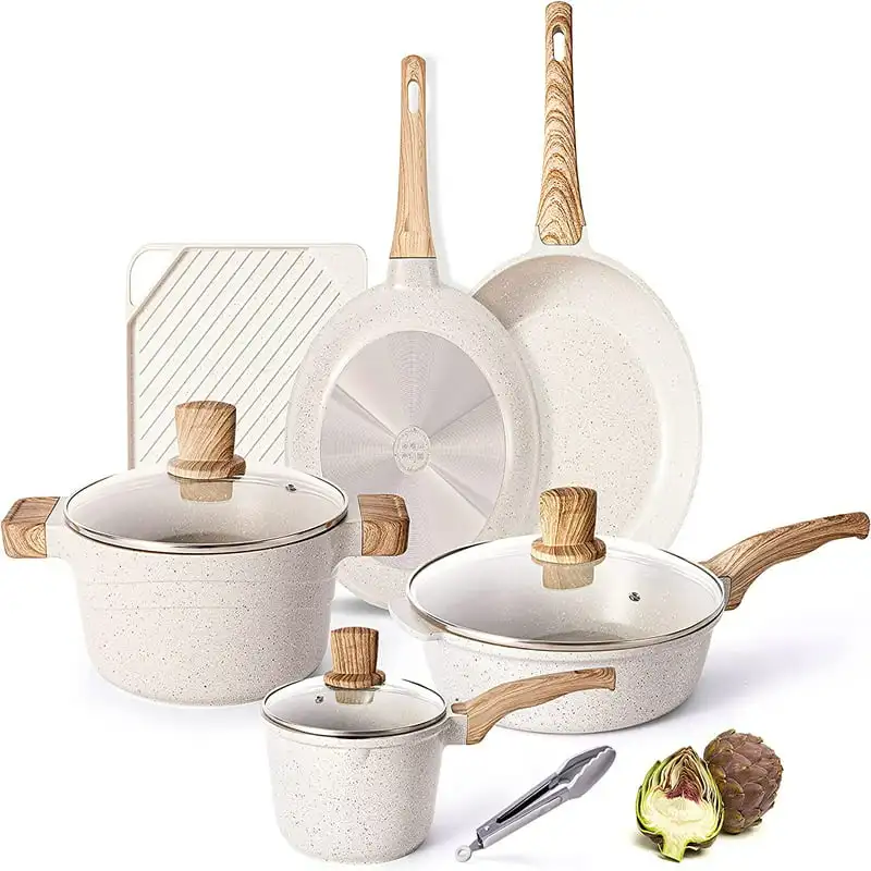 

11 Pieces White Pots and Pans Set Nonstick Cookware Sets Granite Kitchen Pot Set with Frying Pan, Grill Pan