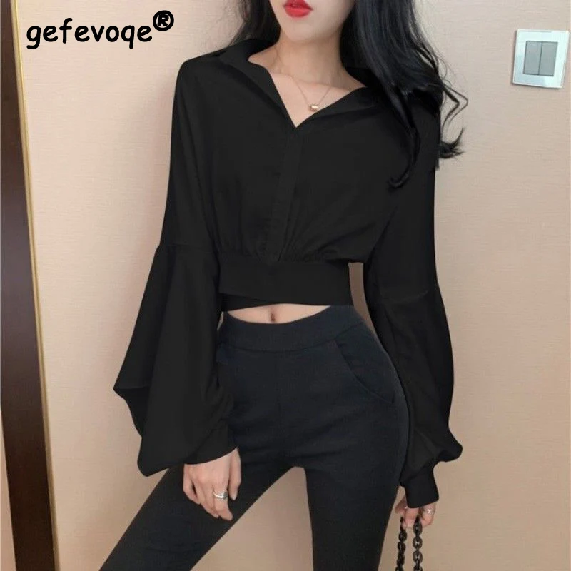 2022 Women Crop Tops Korean Fashion Solid Chic Long Sleeve Blouse Sexy Slim Turn-down Collar Young Style Popular Elegant T-Shirt