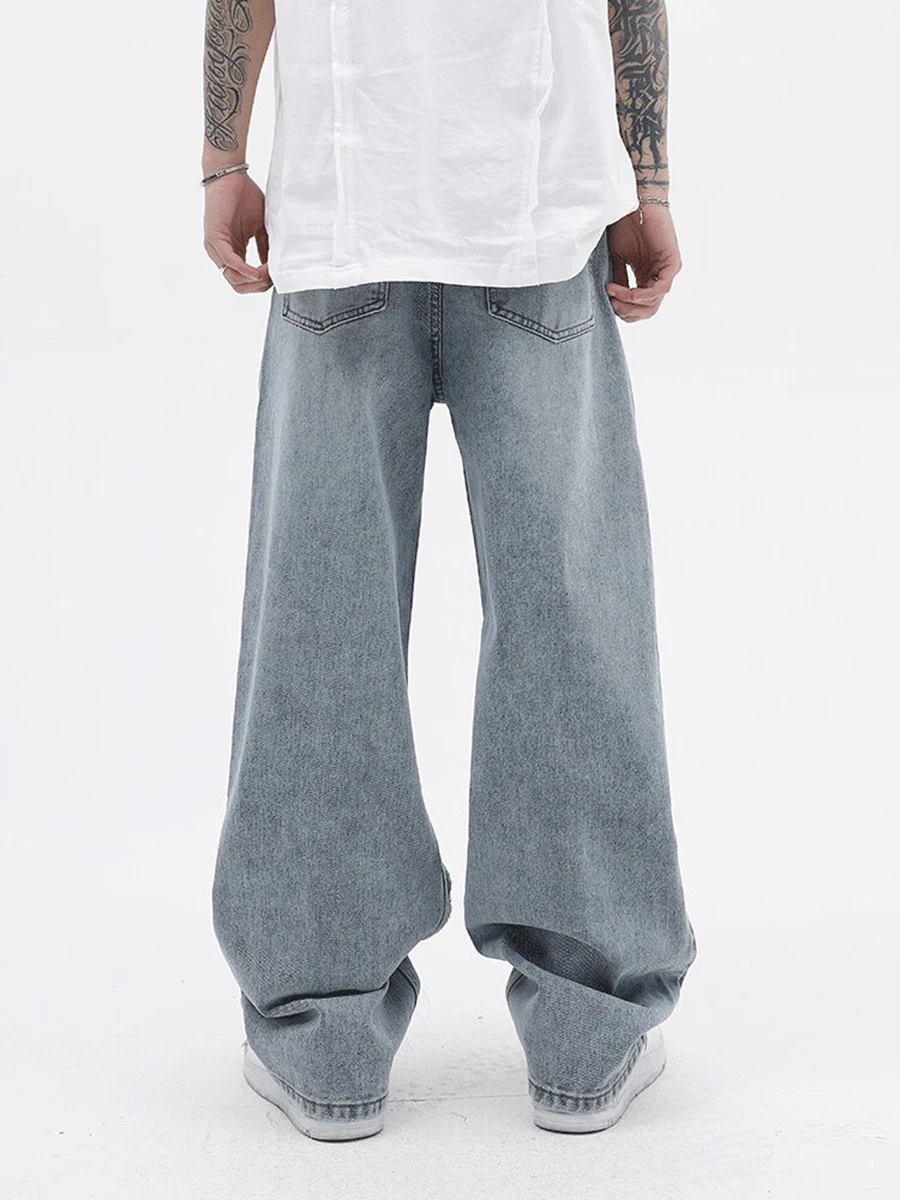 Four Seasons Men Jeans Fashion Trend Raw Edge Solid Color Street Hip Hop Design Loose Straight Trousers Streetwear Ins Hot Sale